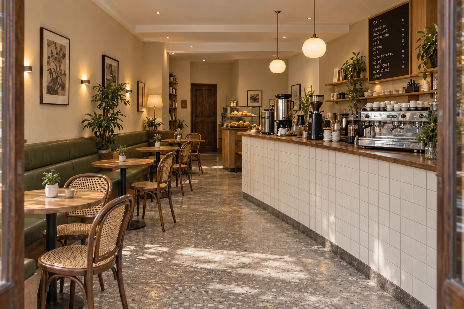 Mesas redondas, banco verde-oliva e balcão de azulejos claros da cafeteria