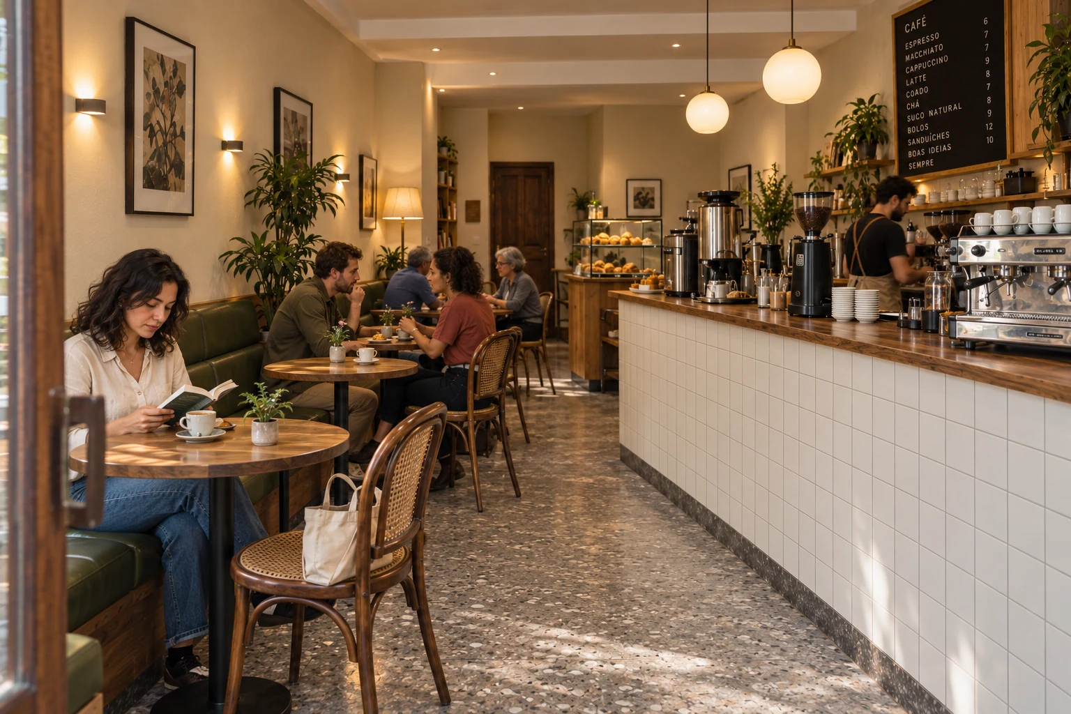 Clientes conversando e lendo nas mesas, com o barista atendendo ao fundo