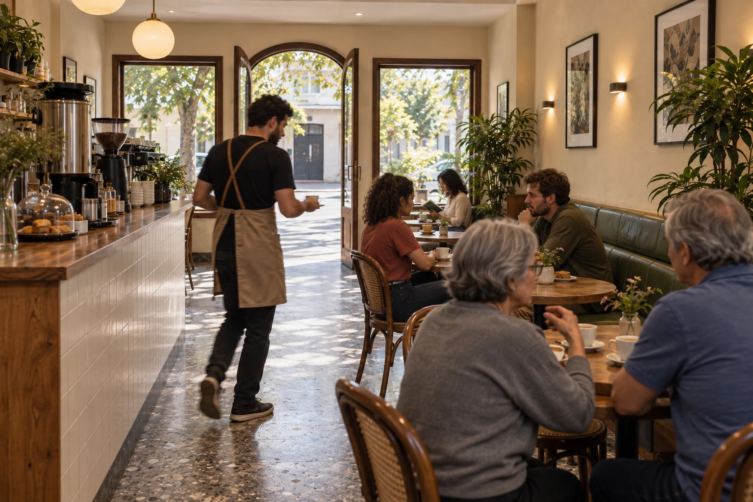 Movimento no café, com clientes nas mesas e atendimento no balcão perto da entrada