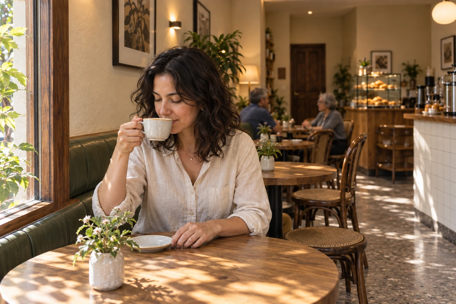 Uma cliente saboreia seu café junto à janela, sentada no banco verde da casa