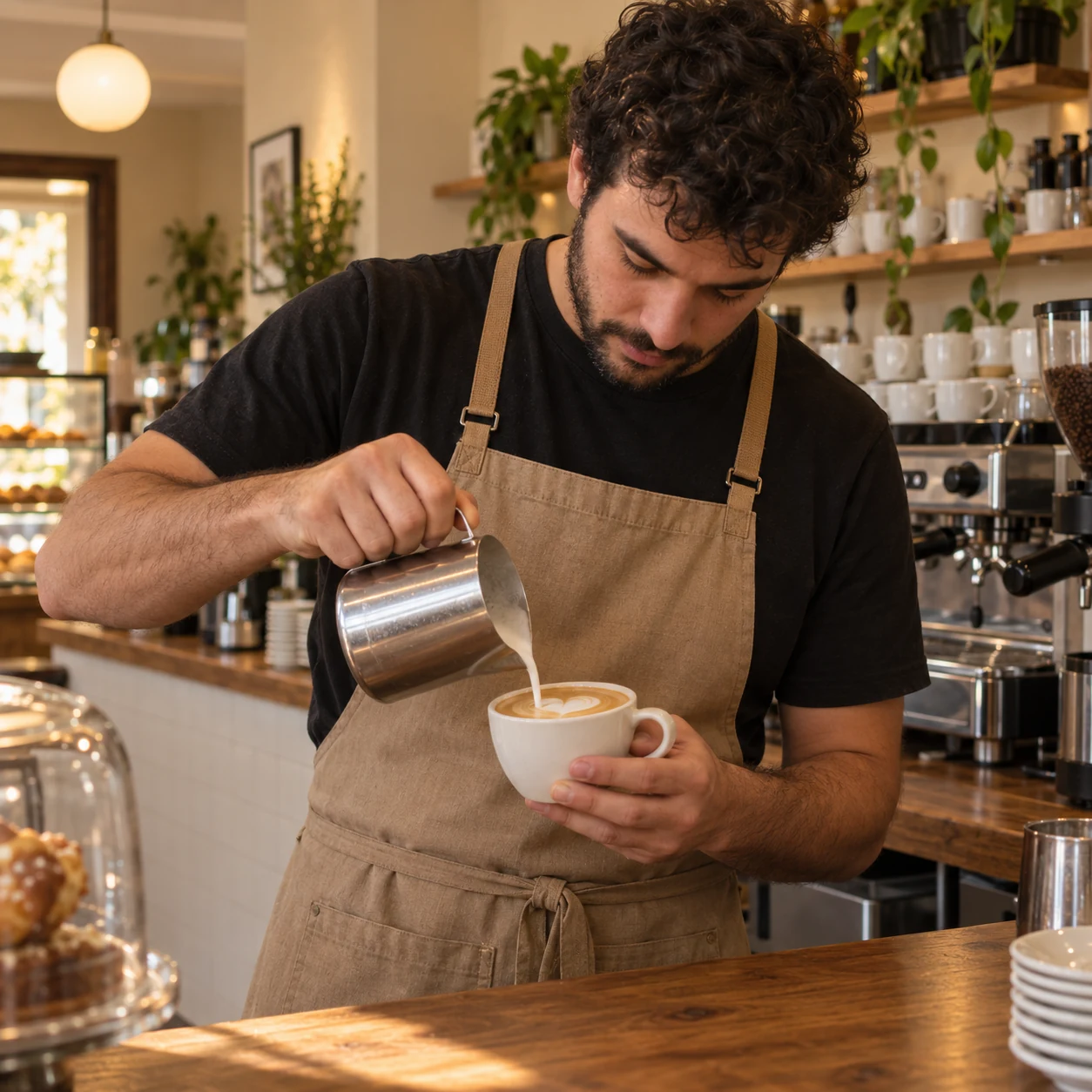 Nosso barista prepara um cappuccino, desenhando no café com leite cremoso